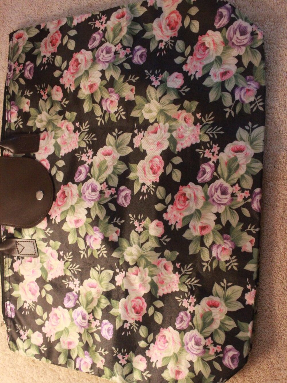 Black Floral Rose Print Tote Bag with Brown Handles